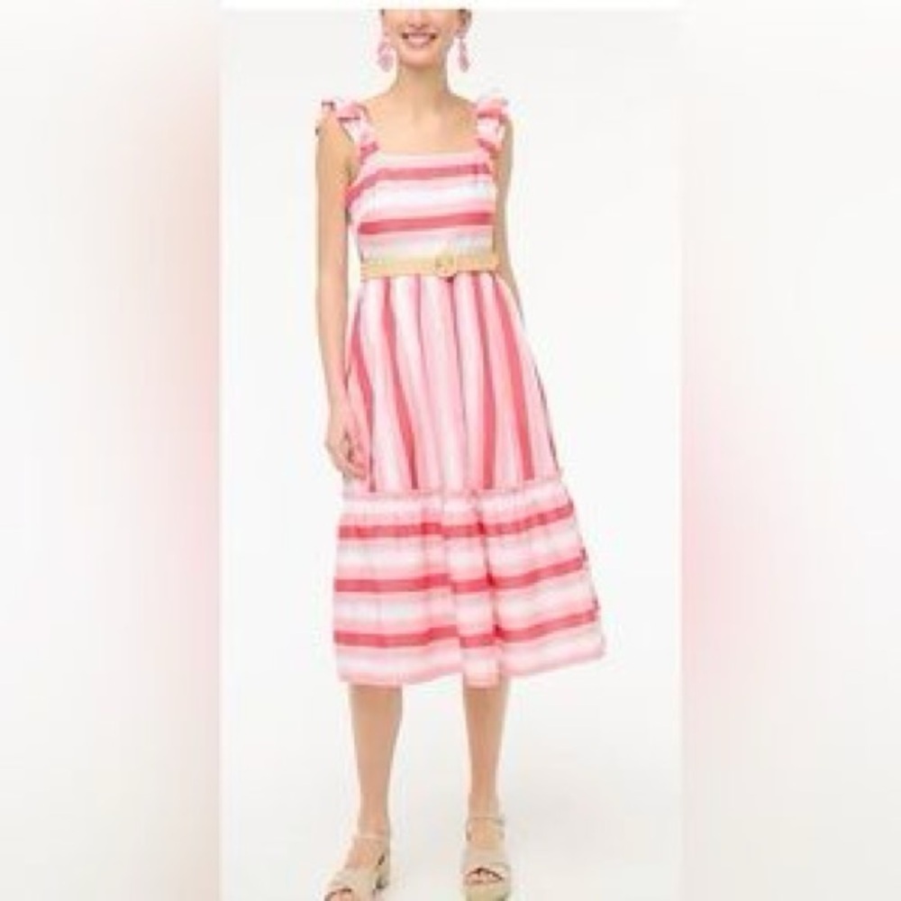 NWT! J. Crew Pink Striped Cotton Midi Dress. Size 14. - Picture 2 of 6